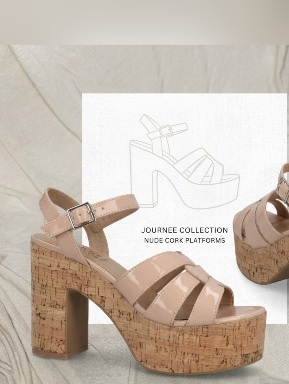 Journee Collection Jania Nude Cork Platform Sandals Patent Strappy Heels 8.5